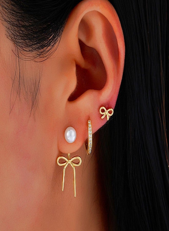 TACBSP Gold Bow Earrings Set for Women Dainty Pearl Bow Huggie Earrings Ribbon Bowknot Hoop Earrings Christmas Prom Jewelry Gifts (A.) - Image 2